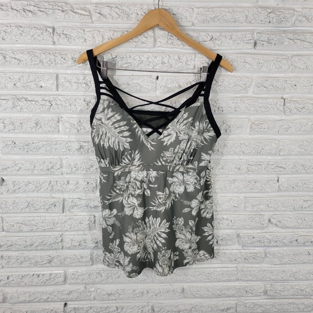 Skye Womens Swim Top 1X Plus Bra Green Floral Lattice Neck FLO199E